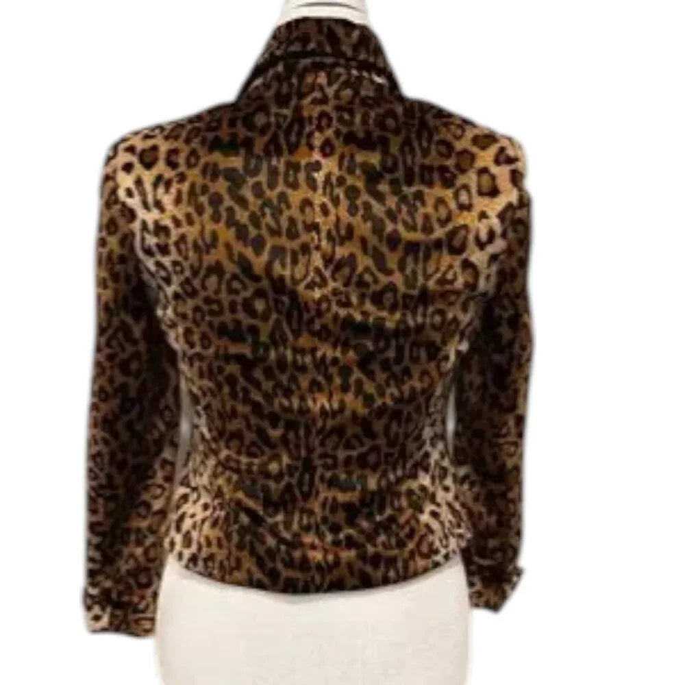 Leopard Print Blazer Petite 6P Brown Tan Velvet Feel Animal Print Chic